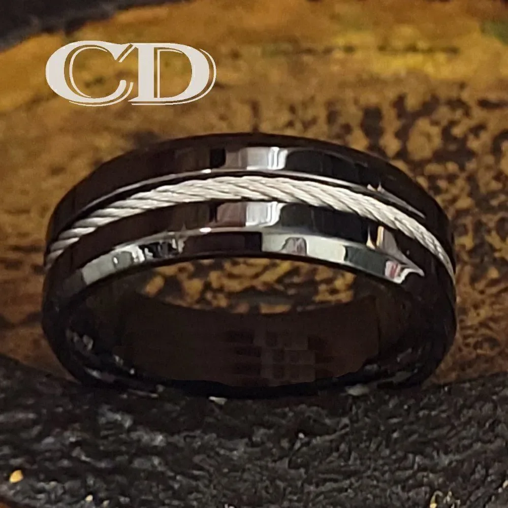 Personalized Engraved Men's Black Cable Inlay Wedding Ring - Guys Wedding Ring